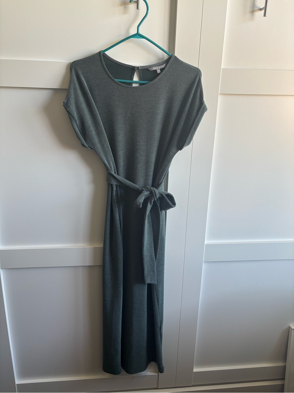 Scoop-Neck Maxi Dress with Self-Tie Belt in Teal Green